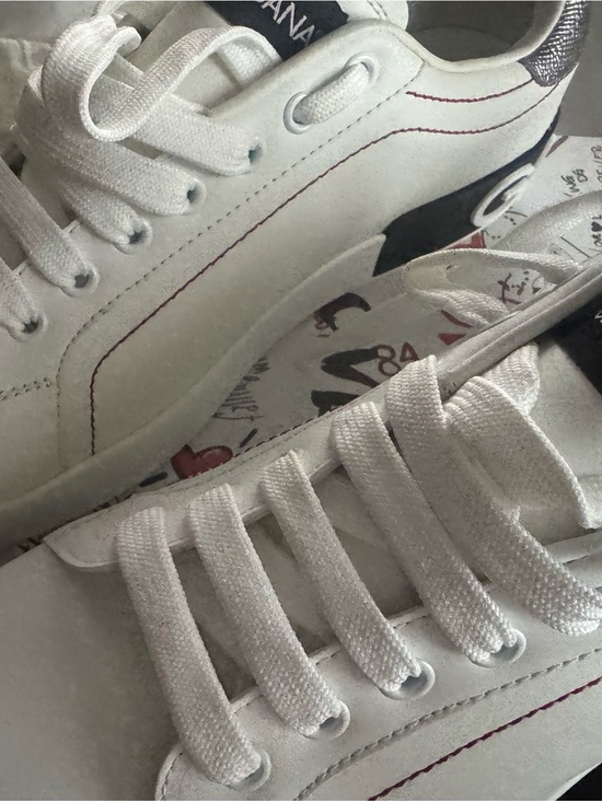 Dolce & Gabbana Shoes - Dolce & Gabbana White Sneakers with Red Stitching and Graphic Insole